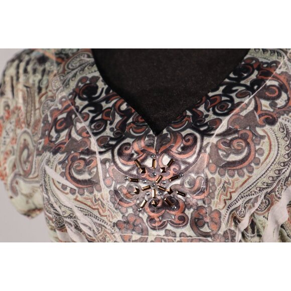 Apt. 9 Petite PM Boho Paisley Lace Back Blouse with Beaded V-Neckline & Elastic - Picture 4 of 12